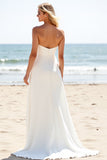 A Line Ivory Chiffon Sweep Train Strapless Boho Wedding Dress with Slit