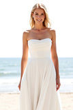 A Line Ivory Chiffon Sweep Train Strapless Boho Wedding Dress with Slit