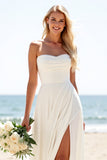 A Line Ivory Chiffon Sweep Train Strapless Boho Wedding Dress with Slit