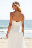 A Line Ivory Chiffon Sweep Train Strapless Boho Wedding Dress with Slit