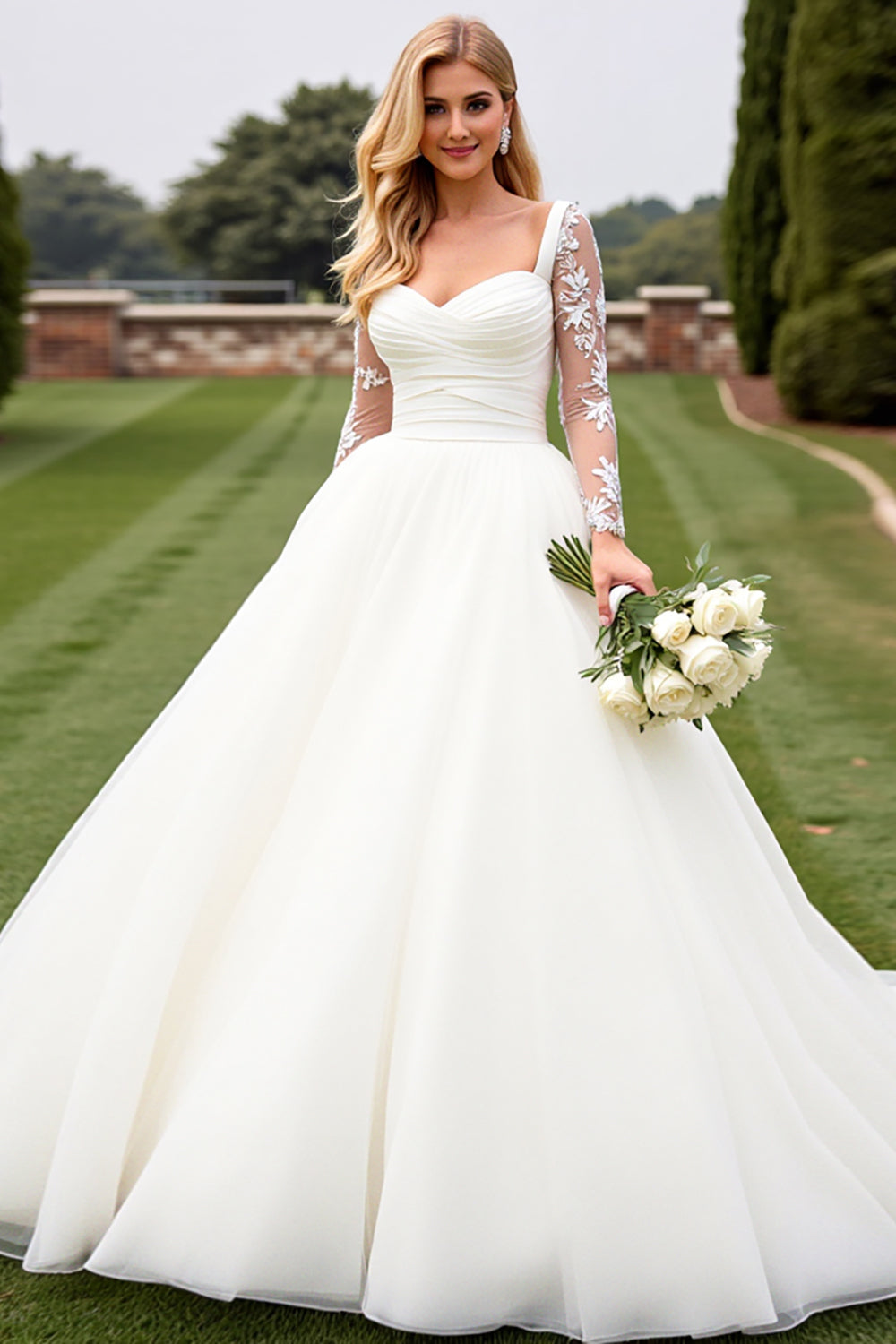 Ivory Organza Ball Gown Sweep Train Wedding Dress with Long Sleeves