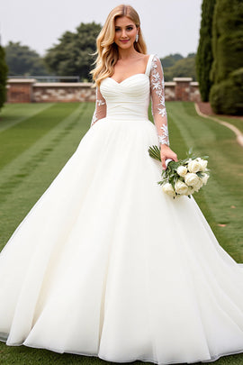Ivory Organza Ball Gown Sweep Train Wedding Dress with Long Sleeves