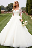 Ivory Organza Ball Gown Sweep Train Wedding Dress with Long Sleeves