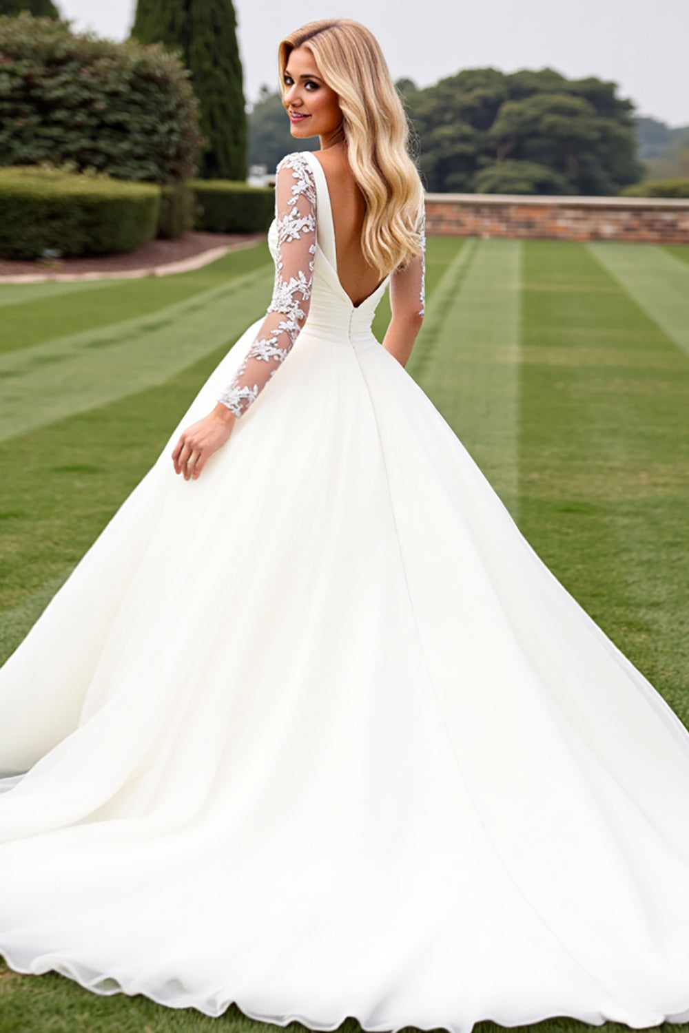 Ivory Organza Ball Gown Sweep Train Wedding Dress with Long Sleeves