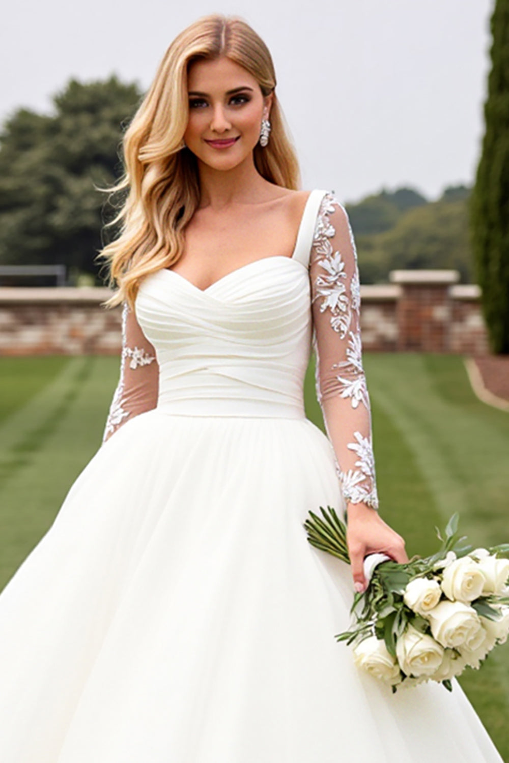 Ivory Organza Ball Gown Sweep Train Wedding Dress with Long Sleeves