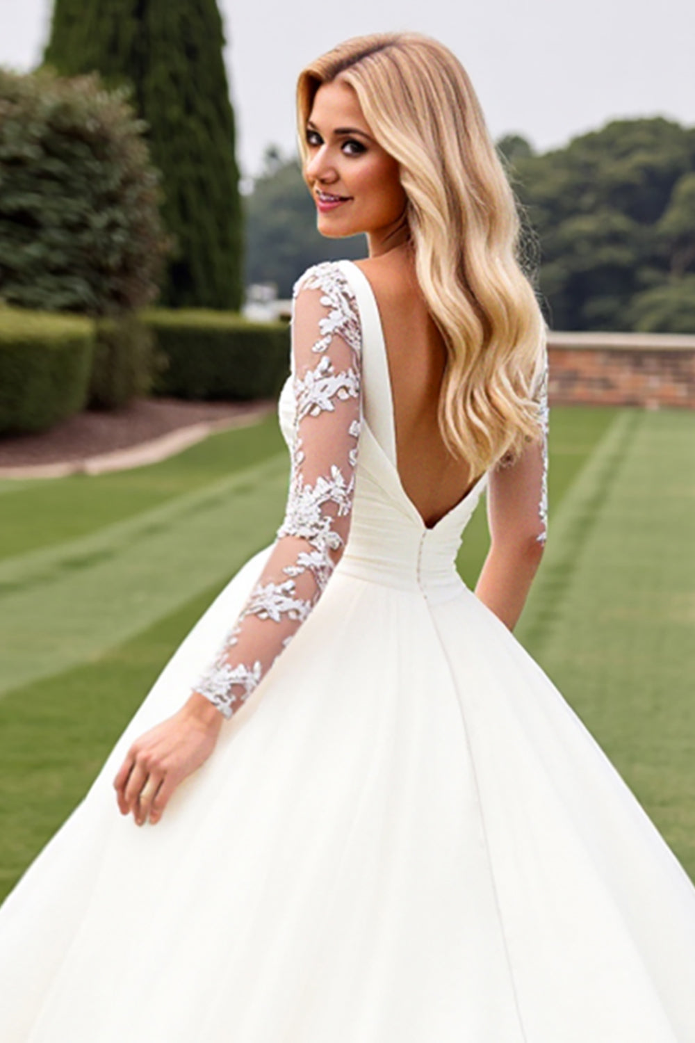 Ivory Organza Ball Gown Sweep Train Wedding Dress with Long Sleeves