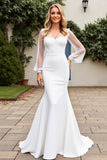 Ivory Satin V Neck Mermaid Sweep Train Wedding Dress with Sleeves