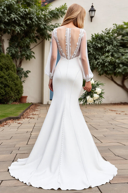 Ivory Satin V Neck Mermaid Sweep Train Wedding Dress with Sleeves