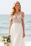 Ivory A Line Sweep Train Spaghetti Straps Boho Wedding Dress with Lace