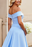 Light Blue A Line Off the Shoulder Satin Long Prom Dress
