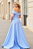 A Line Light Blue Satin Long Off the Shoulder Prom Dress
