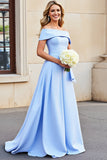 A Line Light Blue Satin Long Off the Shoulder Prom Dress