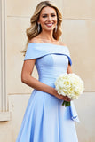 A Line Light Blue Satin Long Off the Shoulder Prom Dress