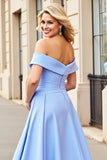 A Line Light Blue Satin Long Off the Shoulder Prom Dress