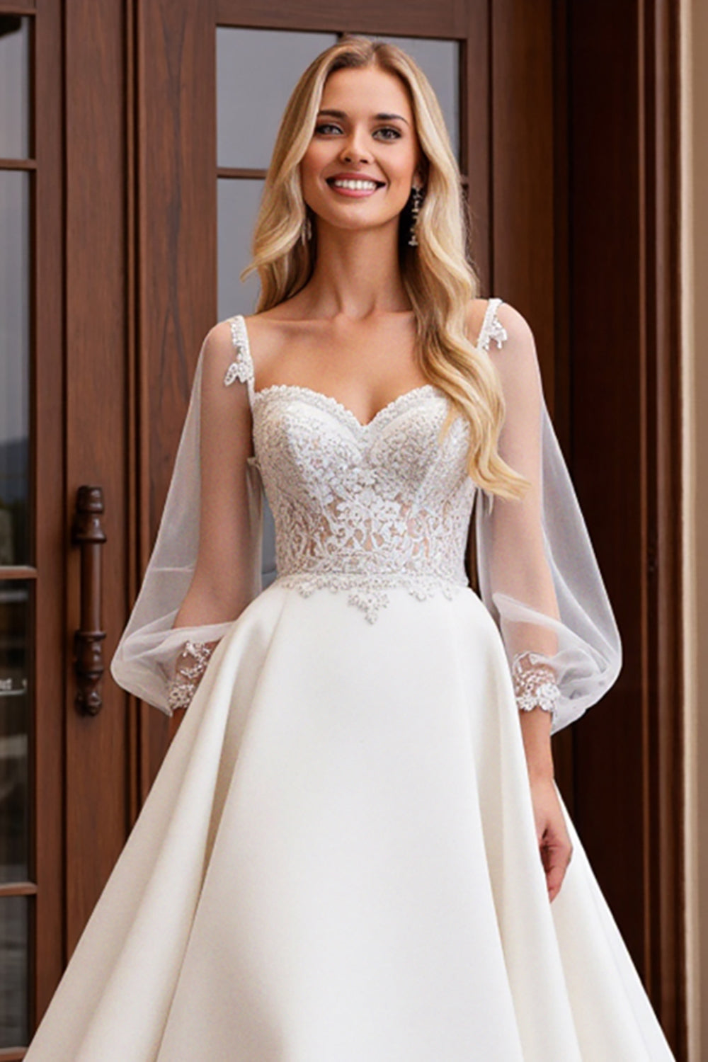 A Line Ivory Sweetheart Long Sleeves Wedding Dress with Lace