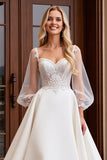 A Line Ivory Sweetheart Long Sleeves Wedding Dress with Lace