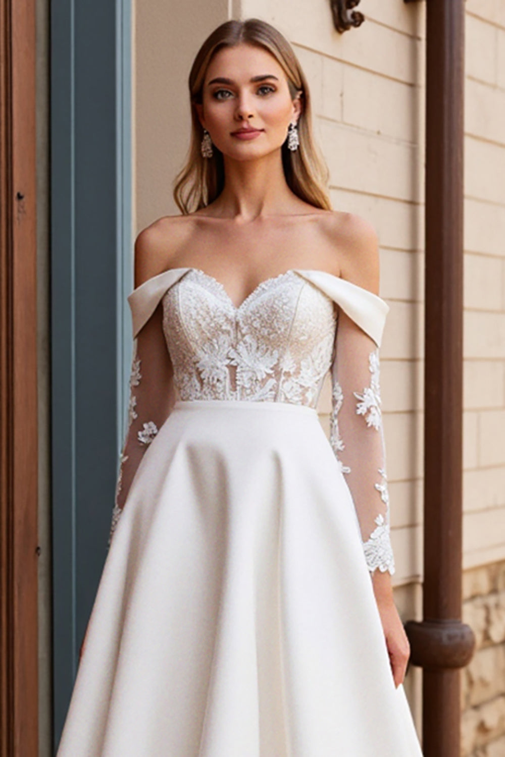 Ivory Satin Sweep Train Lace Wedding Dress with Long Sleeves
