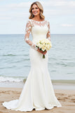 Ivory Satin Mermaid Illusion Neck Long Wedding Dress with Lace