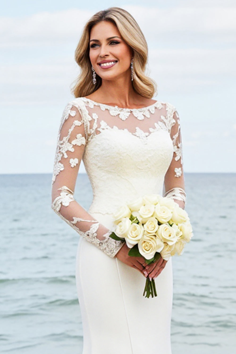 Ivory Satin Mermaid Illusion Neck Long Wedding Dress with Lace