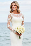Ivory Satin Mermaid Illusion Neck Long Wedding Dress with Lace