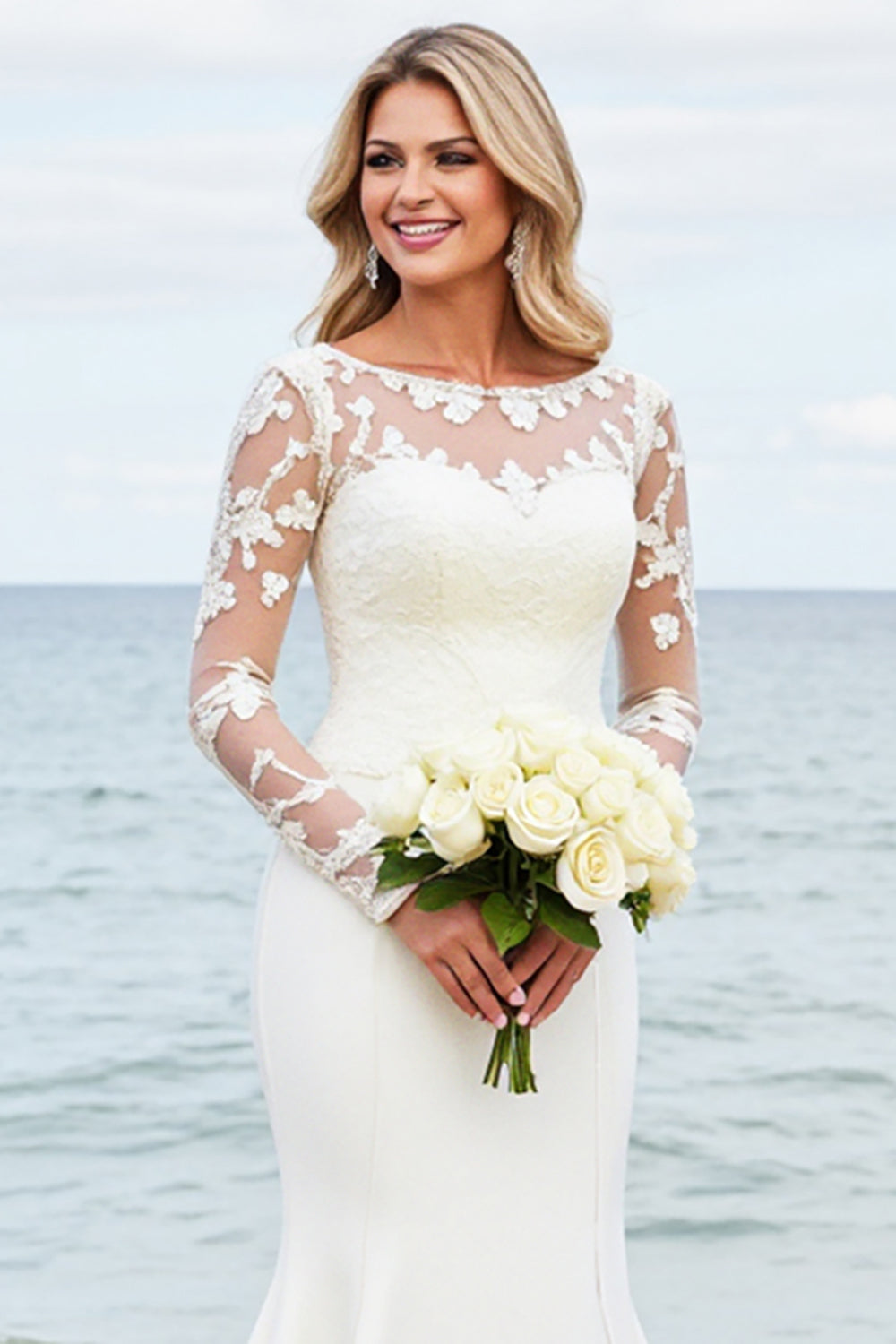 Ivory Satin Mermaid Illusion Neck Long Wedding Dress with Lace
