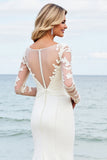 Ivory Satin Mermaid Illusion Neck Long Wedding Dress with Lace