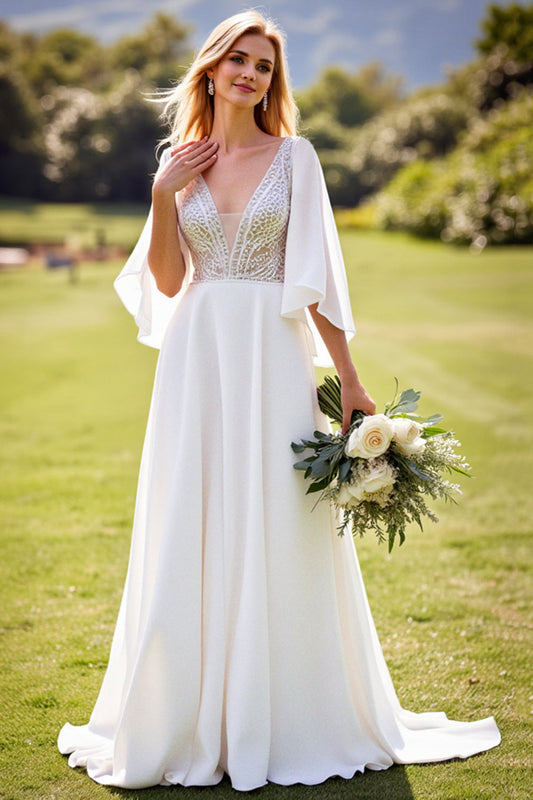 Ivory Chiffon V-Neck Long Backless Wedding Dress with Lace