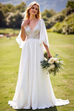 Ivory Chiffon V-Neck Long Backless Wedding Dress with Lace