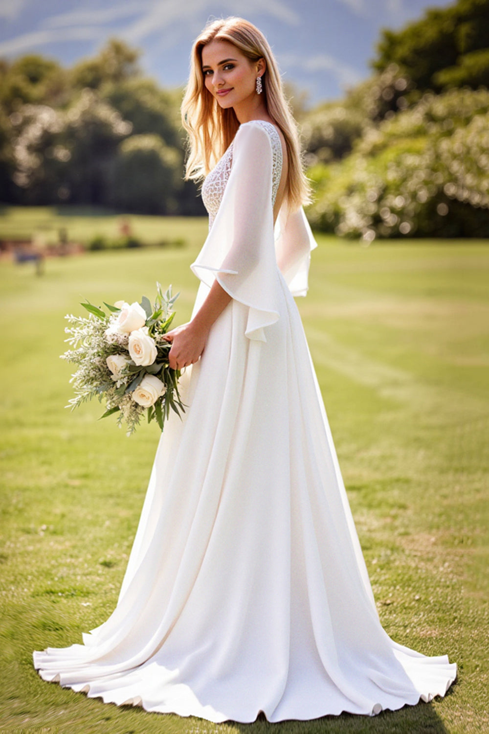 Ivory Chiffon V-Neck Long Backless Wedding Dress with Lace