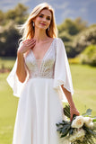 Ivory Chiffon V-Neck Long Backless Wedding Dress with Lace