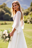 Ivory Chiffon V-Neck Long Backless Wedding Dress with Lace
