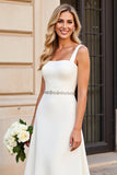 Ivory Satin Square Neck Long A Line Wedding Dress with Belt