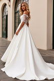 Ivory Satin Illusion Neck A Line Wedding Dress with Lace