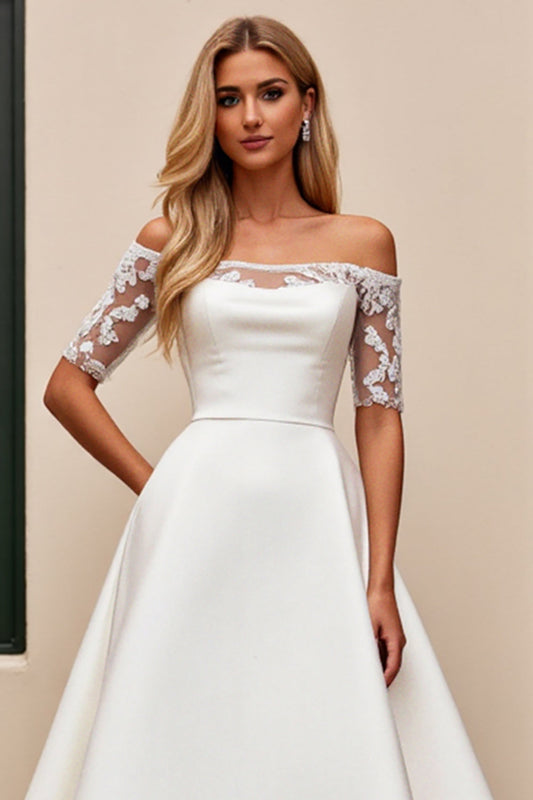 Ivory Satin Illusion Neck A Line Wedding Dress with Lace