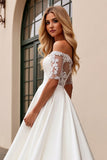 Ivory Satin Illusion Neck A Line Wedding Dress with Lace