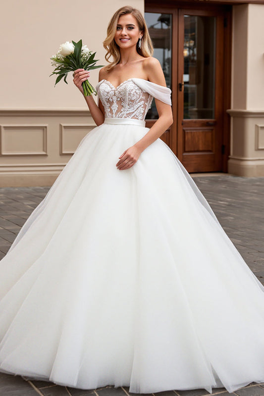 Ivory Off the Shoulder Ball Gown Long Wedding Dress with Lace