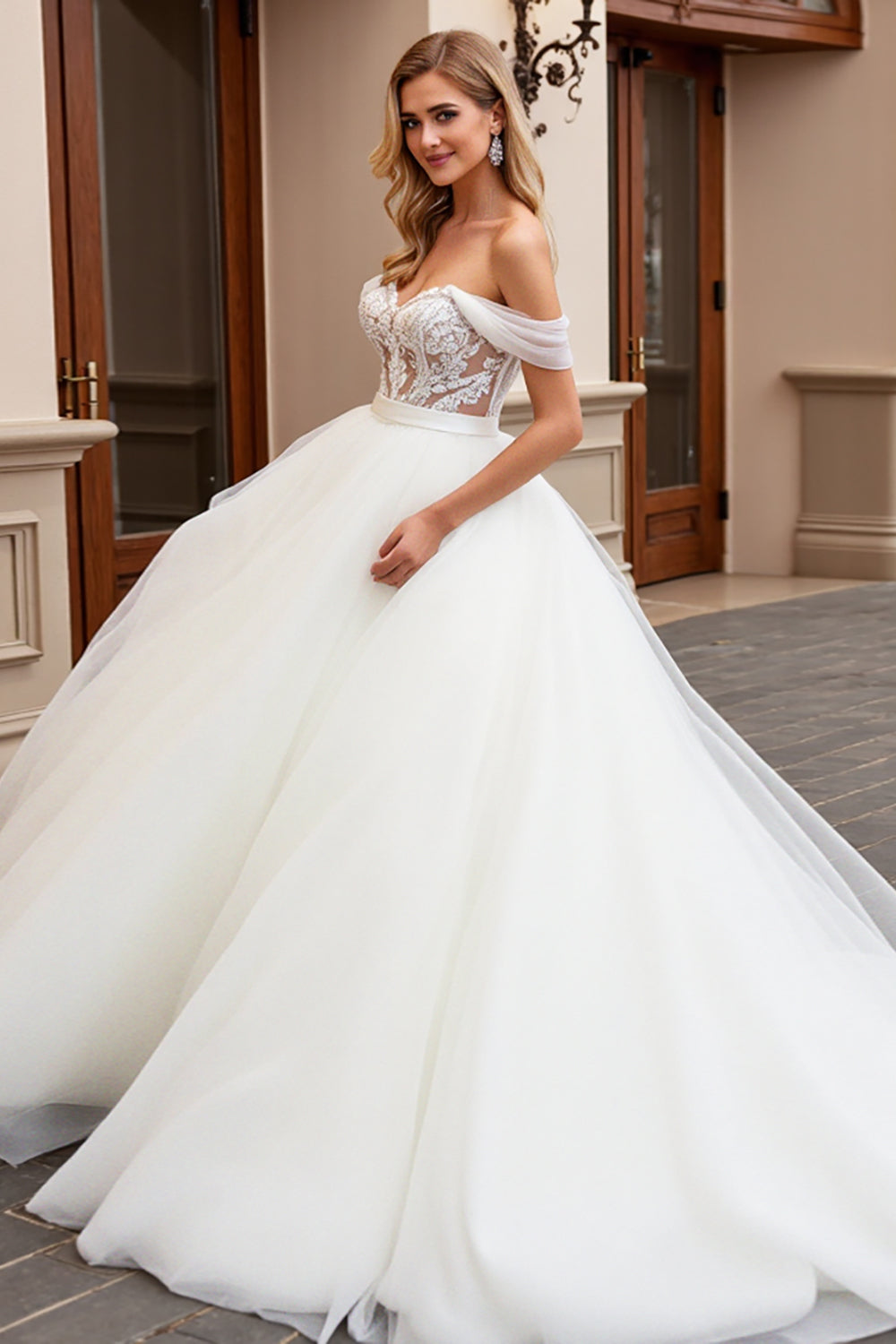 Ivory Off the Shoulder Ball Gown Long Wedding Dress with Lace
