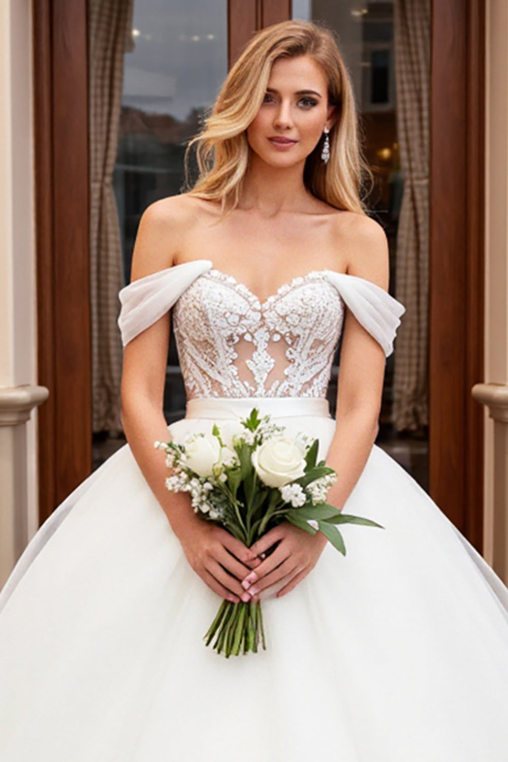 Ivory Off the Shoulder Ball Gown Long Wedding Dress with Lace