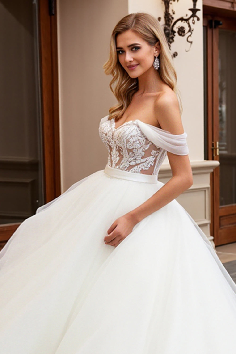 Ivory Off the Shoulder Ball Gown Long Wedding Dress with Lace