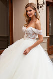 Ivory Off the Shoulder Ball Gown Long Wedding Dress with Lace