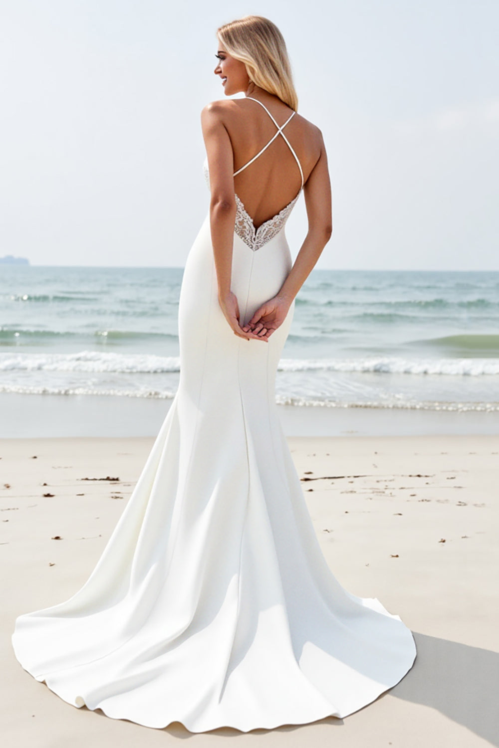 Ivory Satin V-Neck Backless Long Wedding Dress with Slit