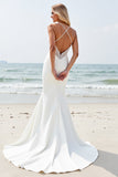 Ivory Satin V-Neck Backless Long Wedding Dress with Slit