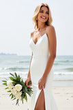 Ivory Satin V-Neck Backless Long Wedding Dress with Slit