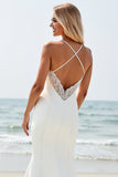 Ivory Satin V-Neck Backless Long Wedding Dress with Slit
