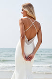 Ivory Satin V-Neck Backless Long Wedding Dress with Slit
