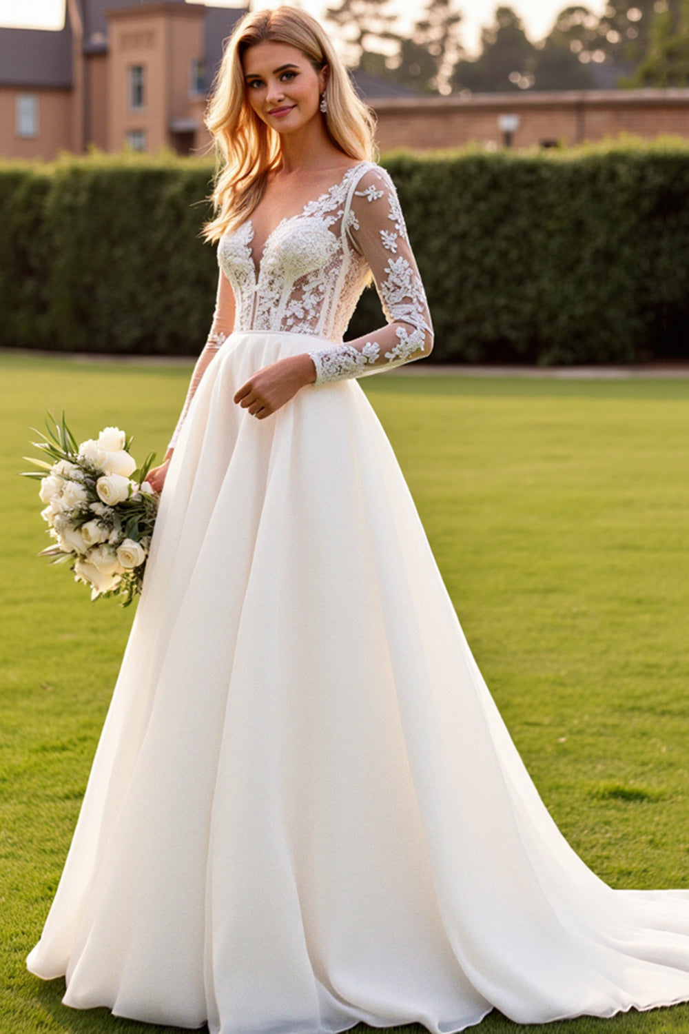 Ivory V Neck A Line Long Lace Wedding Dress with Sleeves