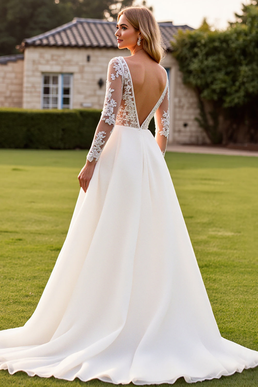 Ivory V Neck A Line Long Lace Wedding Dress with Sleeves