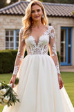 Ivory V Neck A Line Long Lace Wedding Dress with Sleeves