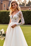 Ivory V Neck A Line Long Lace Wedding Dress with Sleeves