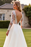 Ivory V Neck A Line Long Lace Wedding Dress with Sleeves